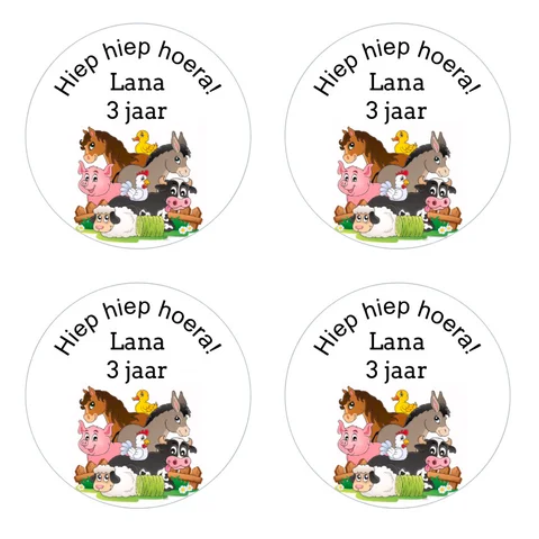 cadeausticker,sticker,stickers,sticker verjaardag,stickers bestellen,stickers traktatie,sluitstickers,boerderij,boerderijdieren,hiep hiep hoera