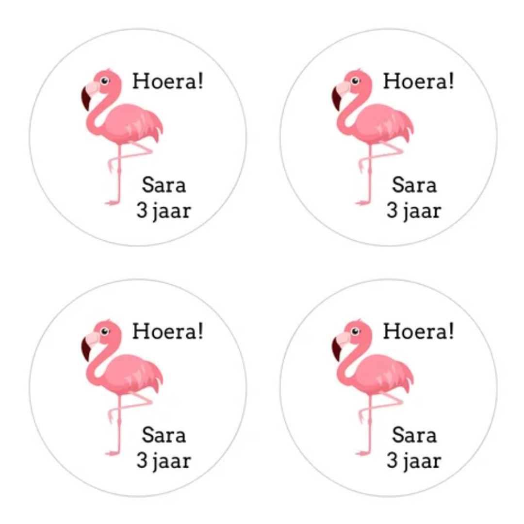 cadeausticker,sticker,stickers,sticker verjaardag,stickers bestellen,stickers traktatie,sluitstickers,flamingo,hoera,cadeauwinkel