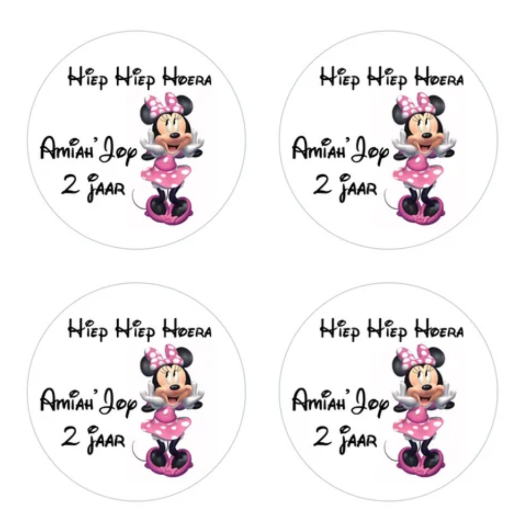 cadeausticker,sticker,stickers,sticker verjaardag,stickers bestellen,stickers traktatie,sluitstickers,mickey mouse sticker,disney sticker,hoera,minnie mouse,minnie muis