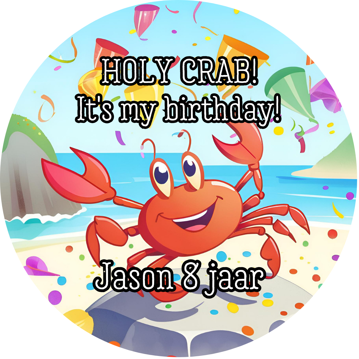 Cadeausticker "Holy Crab It's my birthday!" (set van 24), sluitsticker