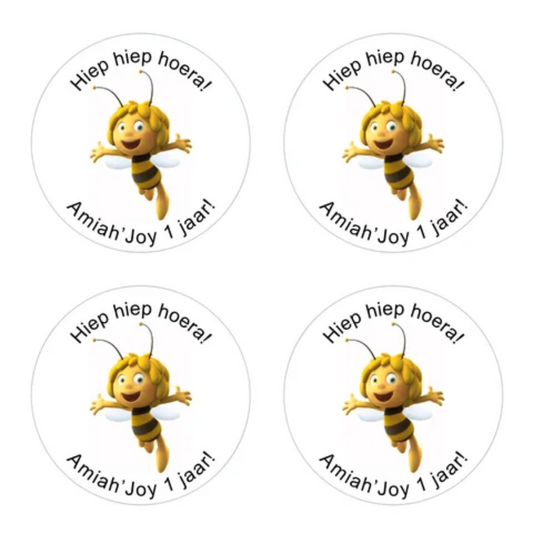 cadeausticker,sticker,maya de bij,sticker verjaardag,stickers bestellen,stickers traktatie,sluitstickers,maja de bij,hiep hiep hoera