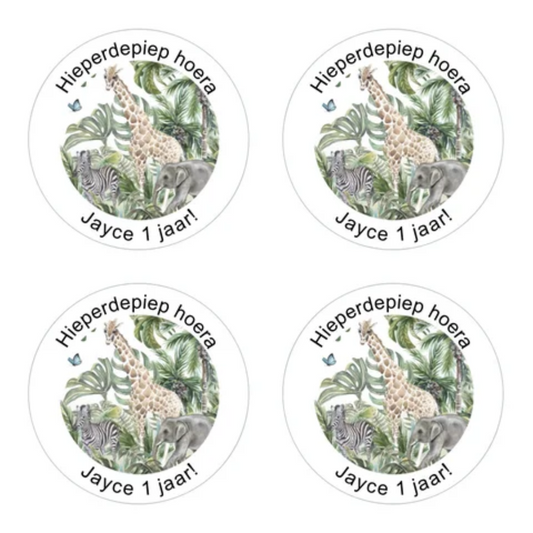 cadeausticker,sticker,stickers,sticker verjaardag,stickers bestellen,stickers traktatie,sluitstickers,jungledieren,wilde dieren,cadeauwinkel